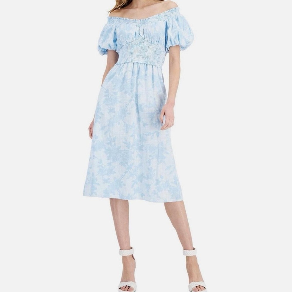 INC Cottagecore Babydoll Milkmaid Puff Sleeves Floral Smocked Cotton Dress Sz L